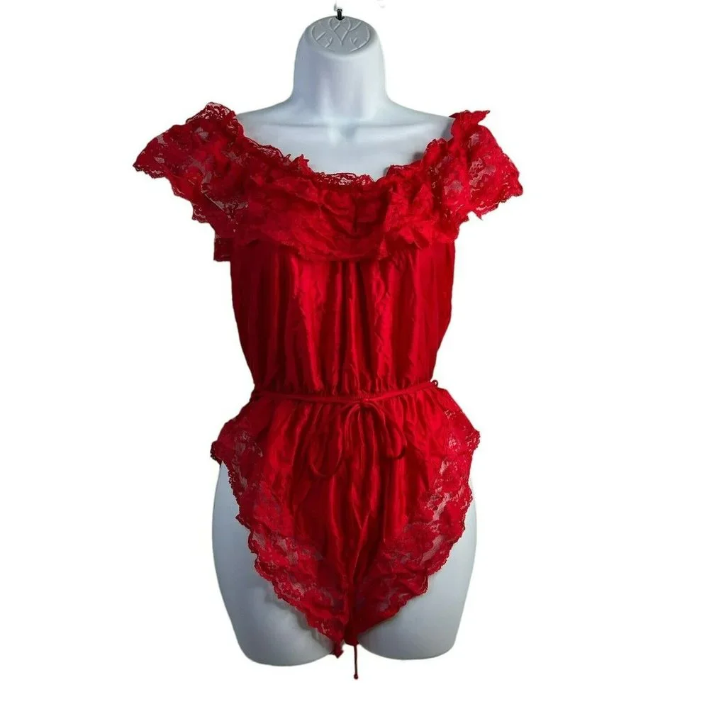 Vintage 70s‎ 80s Teddy One Piece Red Lace Satin Romper Lingerie High Cut Booty M